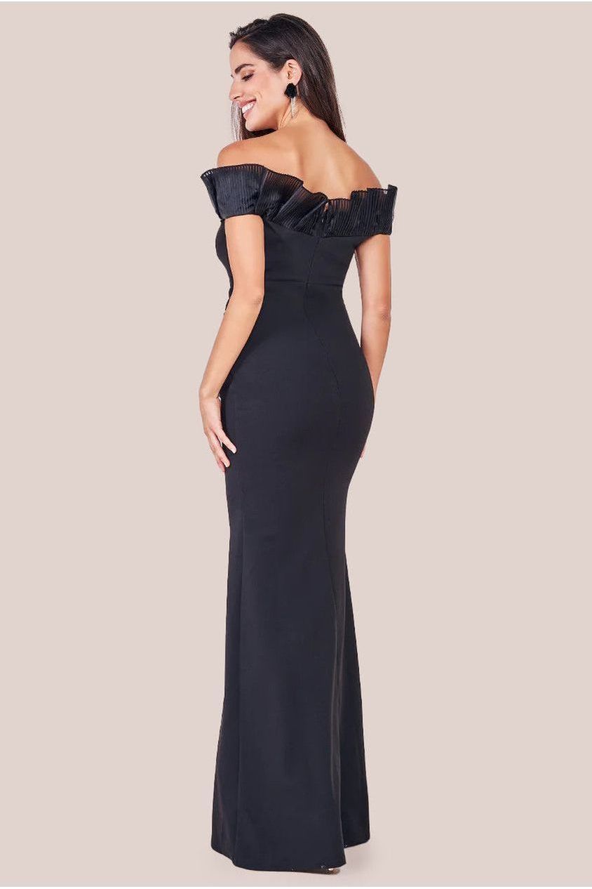 Fan Pleated Bardot Scuba Crepe Maxi - Black DR4070
