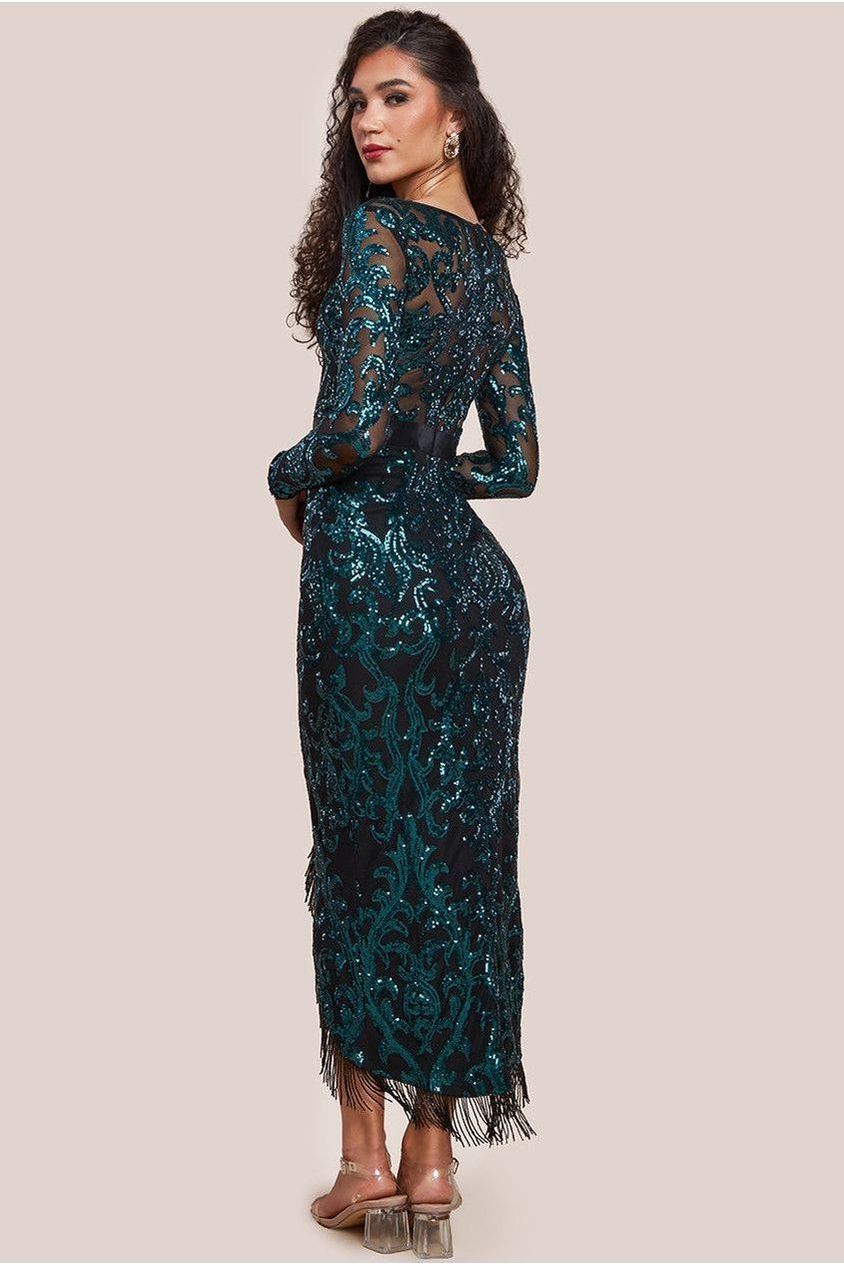 Tassel & Sequin Midaxi With Front Split - Emerald Green DR4006