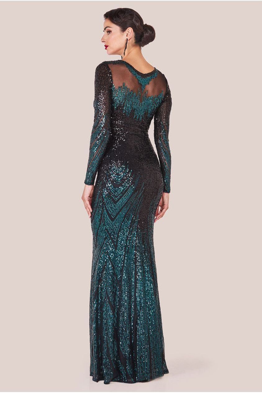 Long Sleeve Aztec Sequin Maxi Dress - Emerald Green DR3490