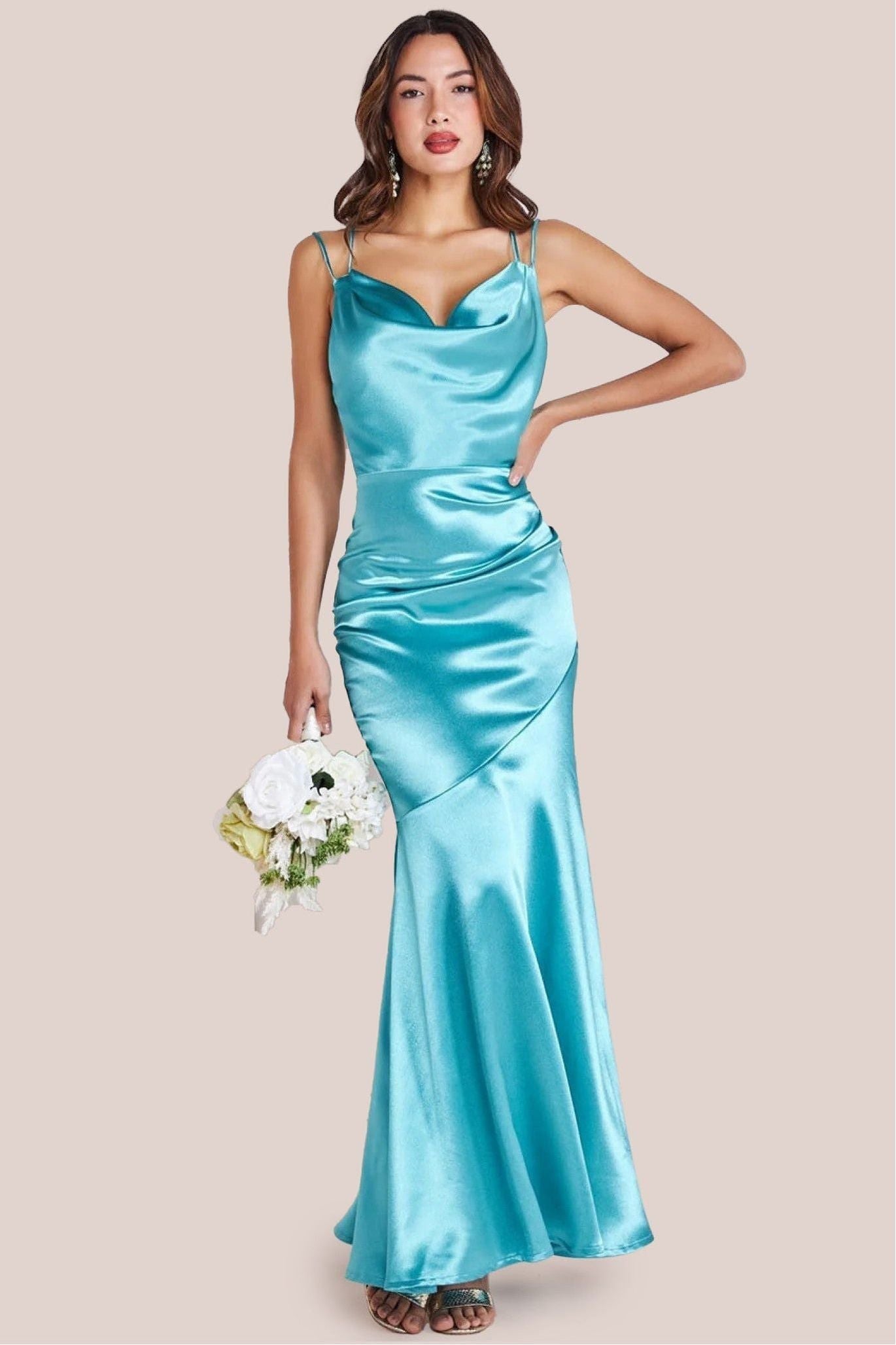 Satin Cowl Neck With Strappy Back Maxi - Aqua DR2113QZ