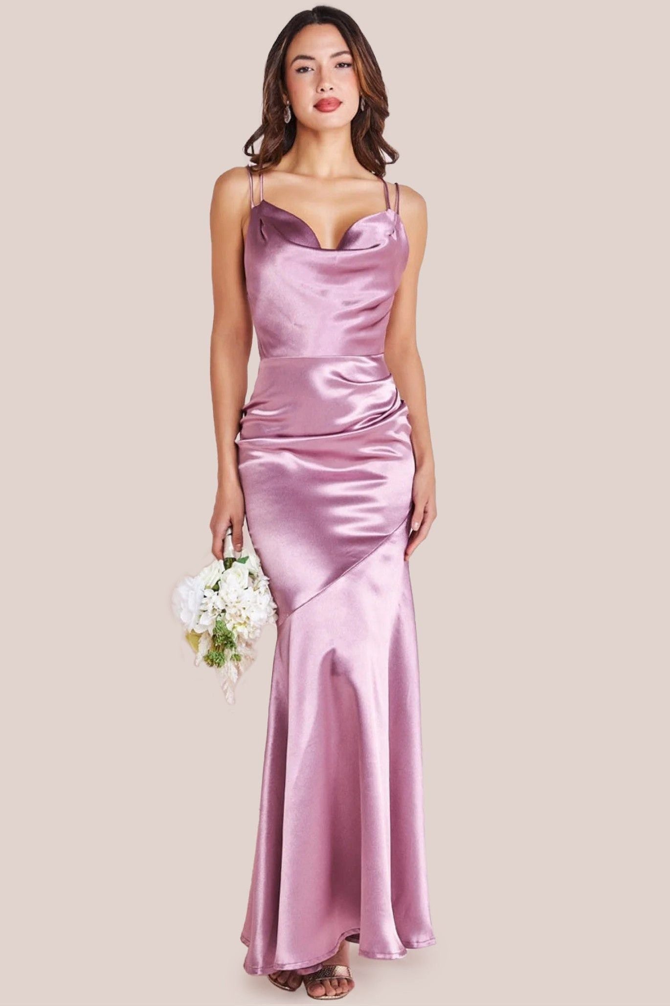Satin Cowl Neck With Strappy Back Maxi - Pink DR2113QZ