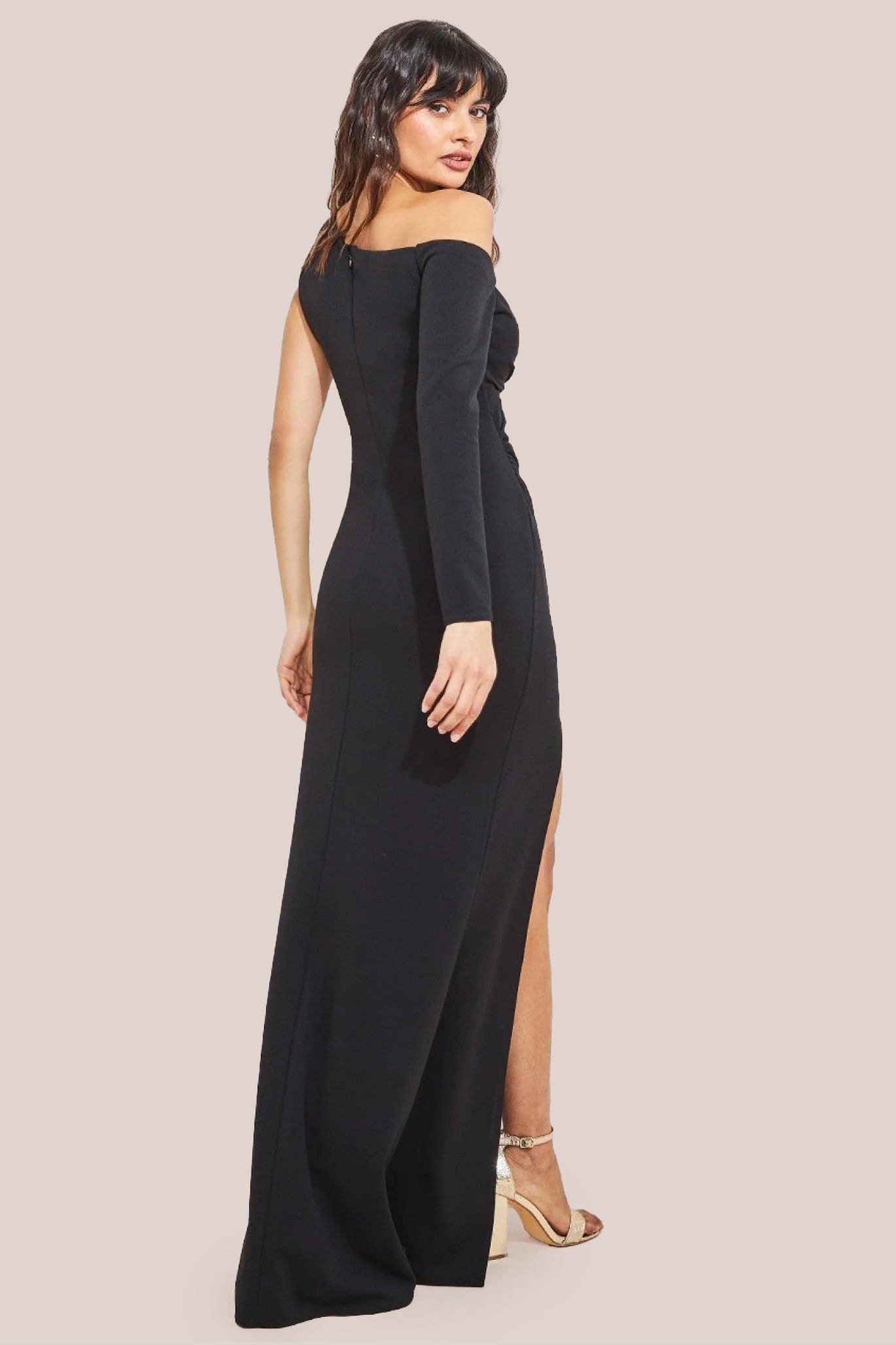 One Shoulder Front Split Scuba Maxi Dress - Black DR3518