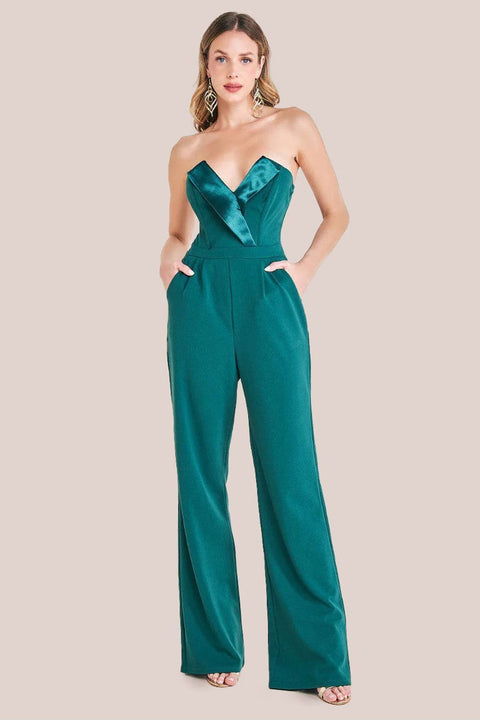 Satin Collar Scuba Jumpsuit - Emerald Green by Goddiva