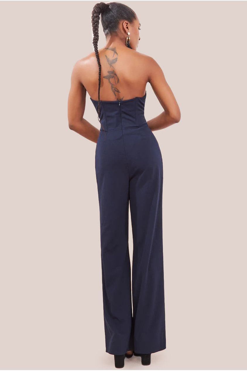 Satin Collar Scuba Jumpsuit - Navy TR299