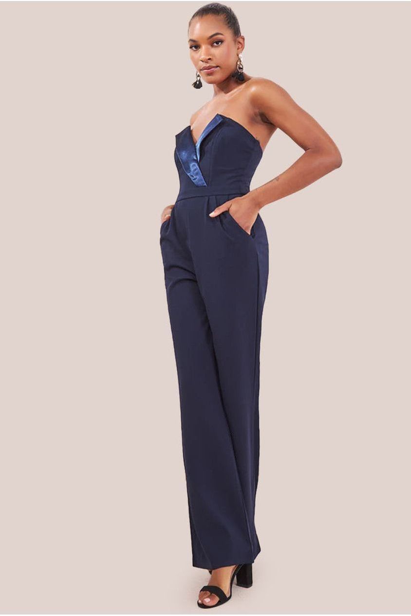 Satin Collar Scuba Jumpsuit - Navy TR299
