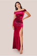 Velvet Bardot Maxi Dress With Split - Burgundy by Goddiva