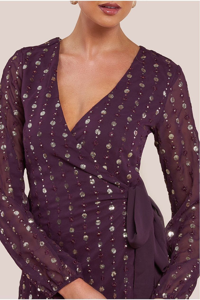 Wrap Over Sequin Mini Dress - Wine DR3760