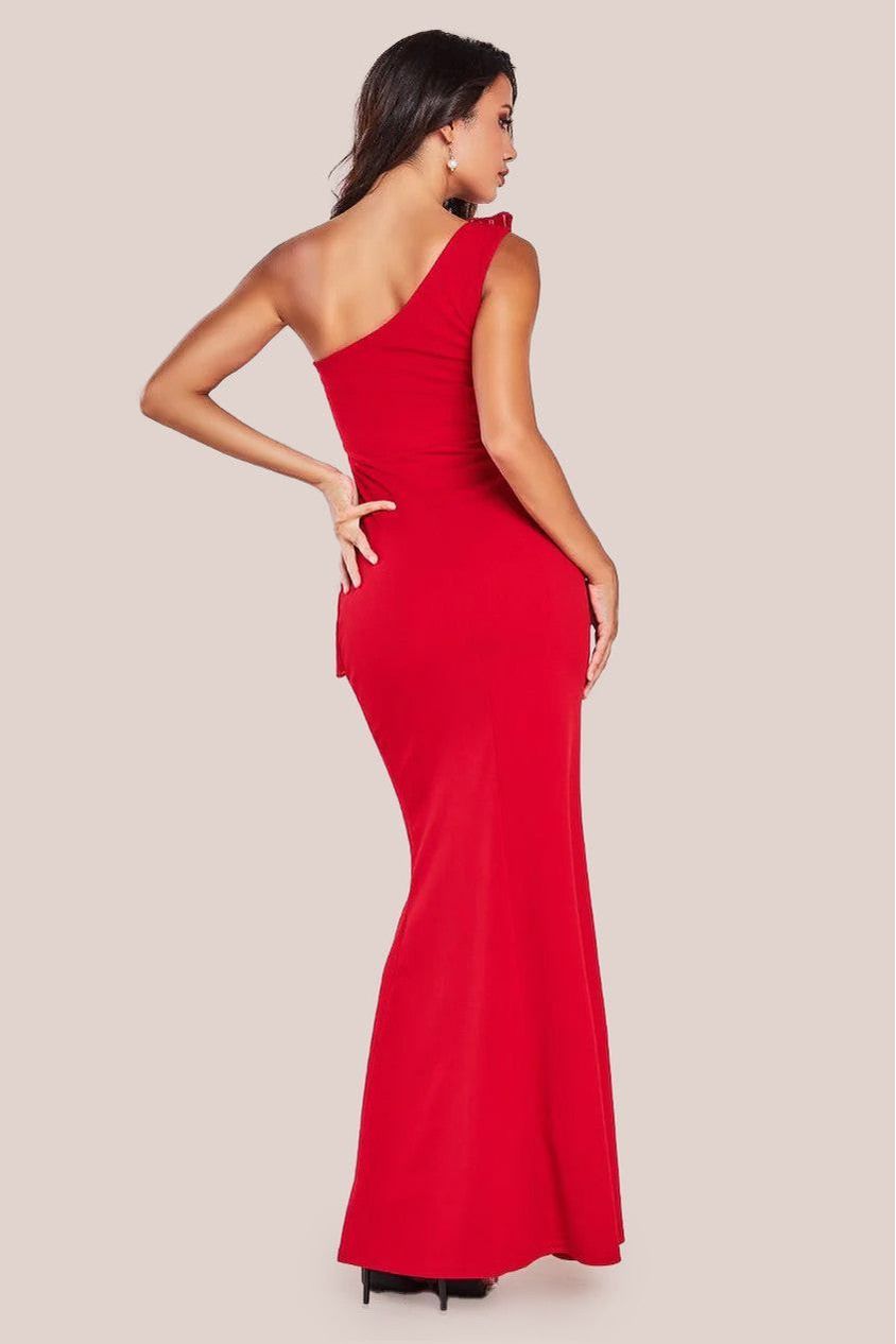 One Shoulder Pleated Fan Maxi Dress - Red DR4075