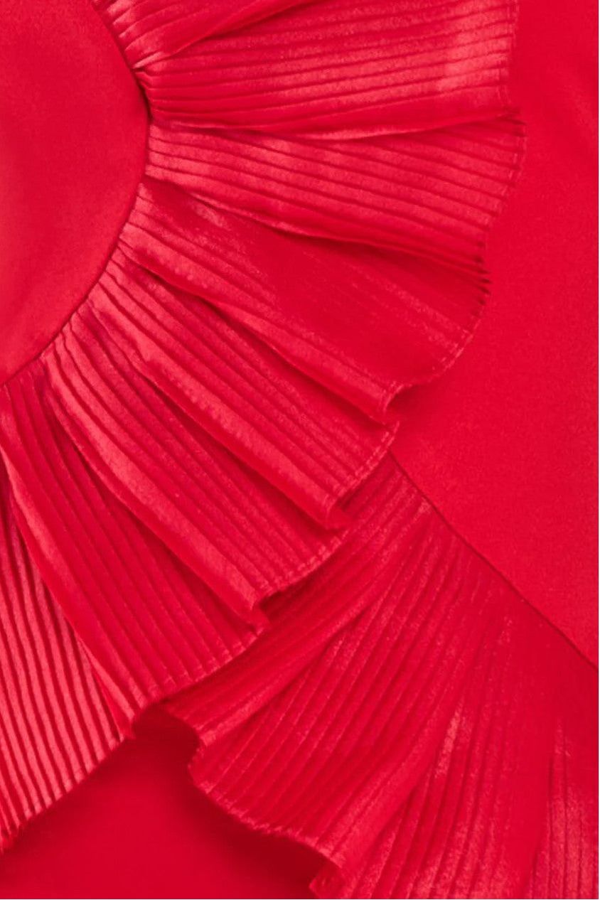 One Shoulder Pleated Fan Maxi Dress - Red DR4075