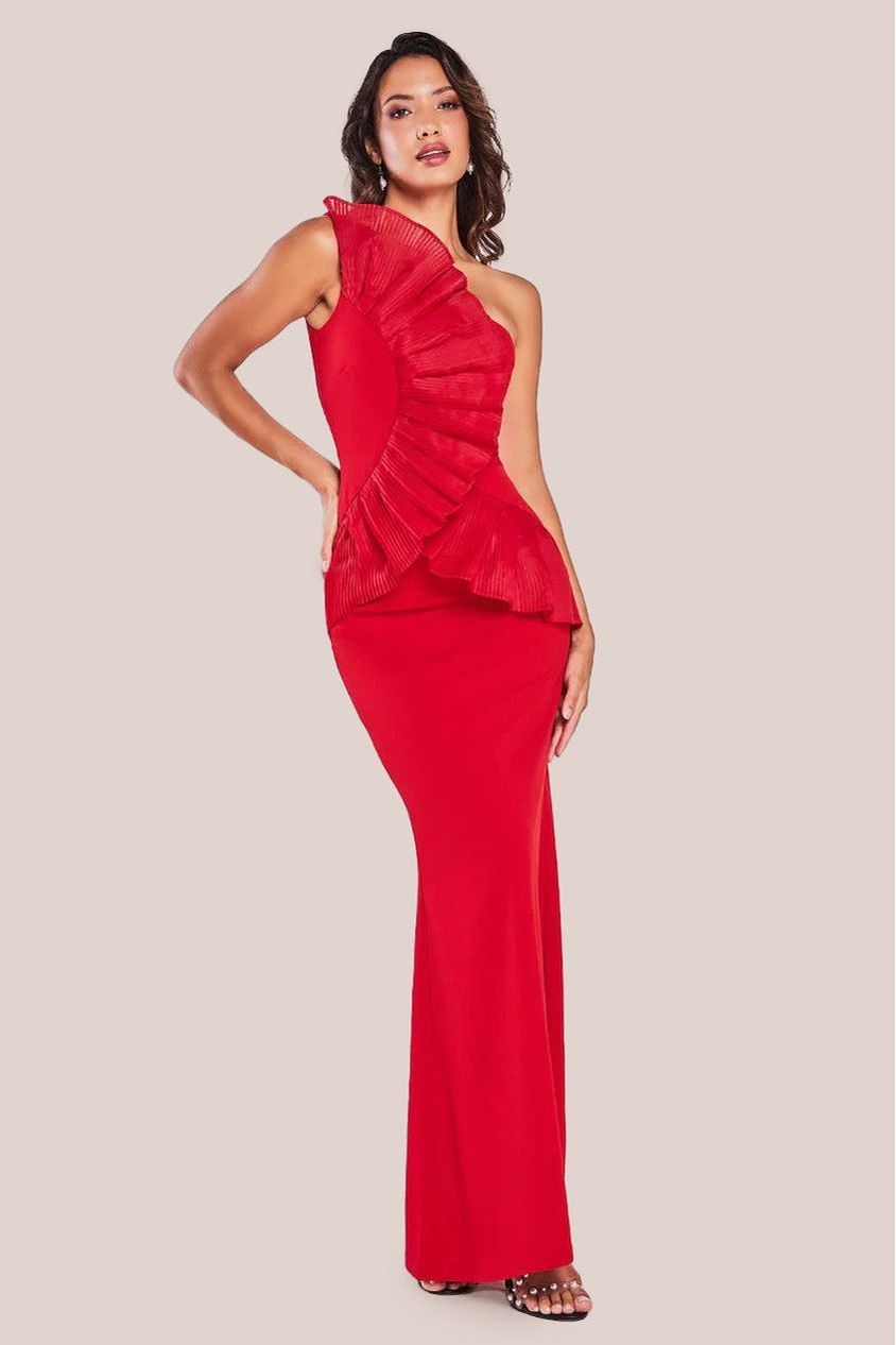 One Shoulder Pleated Fan Maxi Dress - Red DR4075