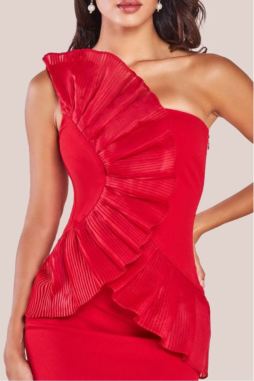 One Shoulder Pleated Fan Maxi Dress - Red DR4075