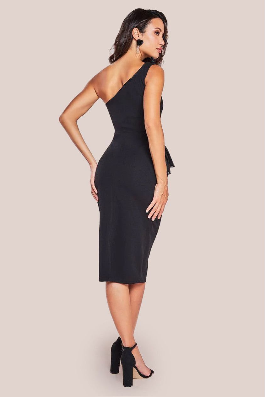 One Shoulder Pleated Fan Midi Dress - Black DR4103