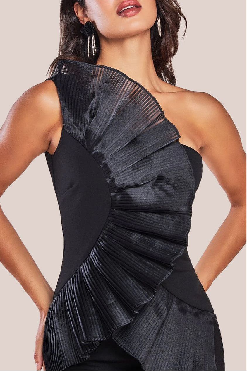 One Shoulder Pleated Fan Midi Dress - Black DR4103