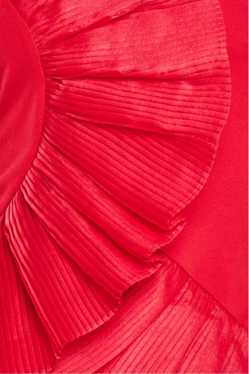 One Shoulder Pleated Fan Midi Dress - Red DR4103