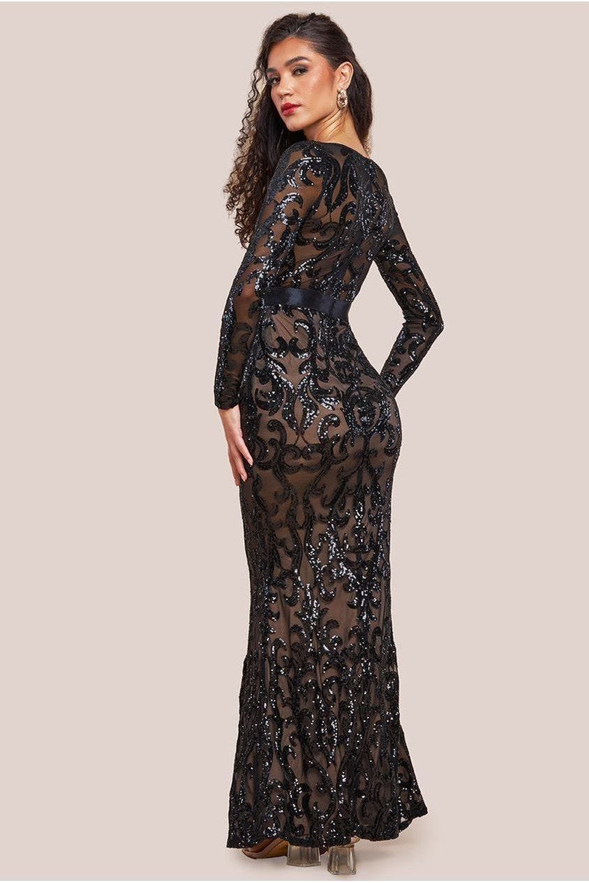 Embroidered Sequin & Mesh Maxi Dress - Black DR2558