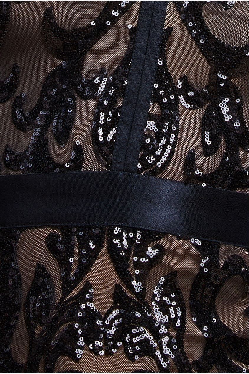 Embroidered Sequin & Mesh Maxi Dress - Black DR2558