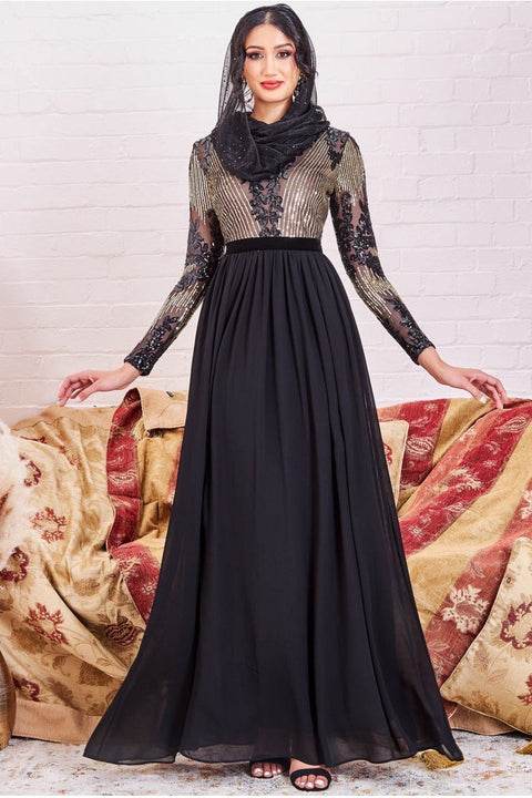Modesty Sequin Mesh Bodice Maxi Dress - Black by Goddiva