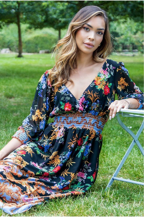 Chiffon Wrap Border Floral Print Midi Dress - Black by Goddiva