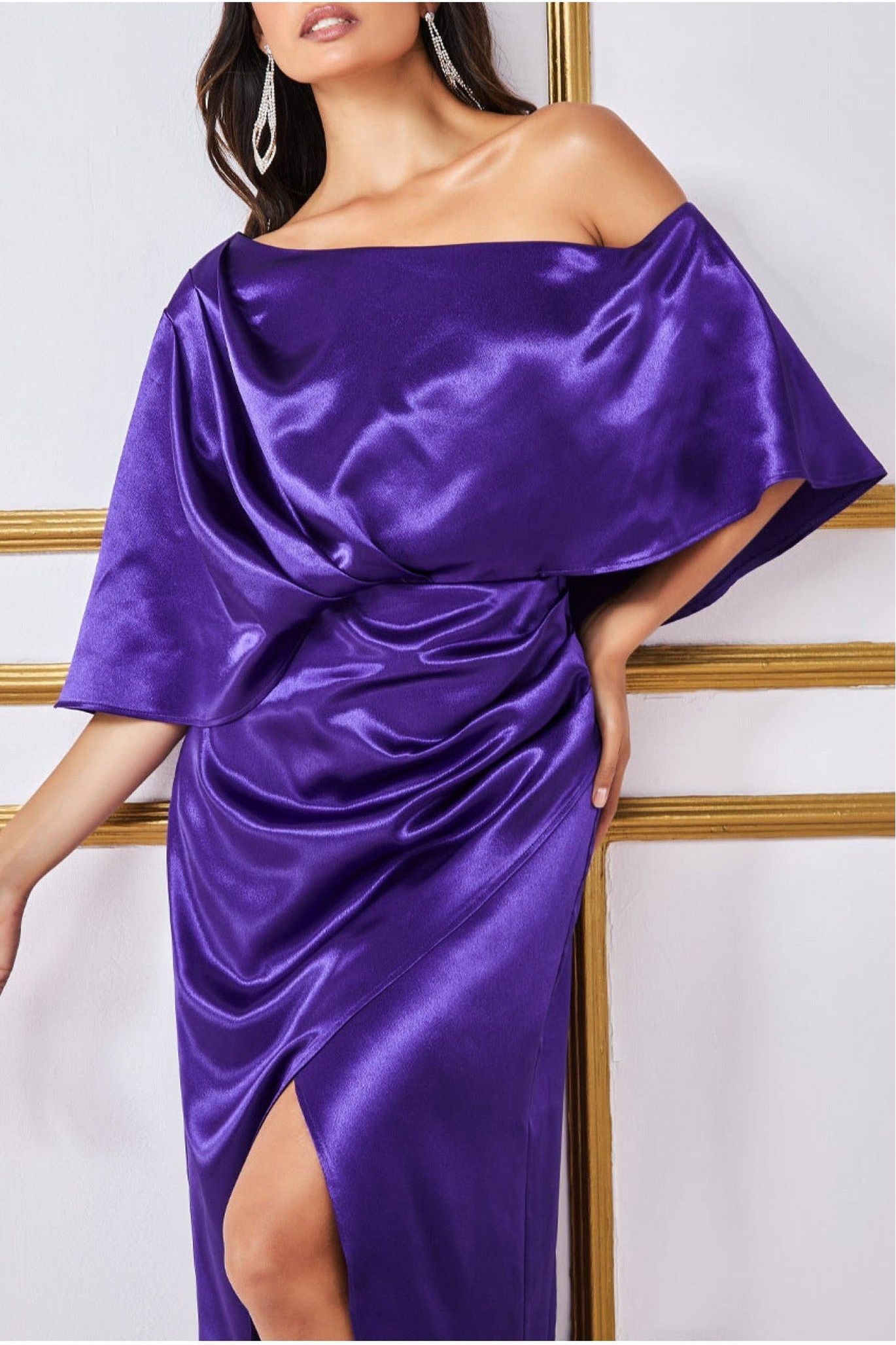 Satin Drape Shoulder Wrap Maxi Dress - Purple DR3450
