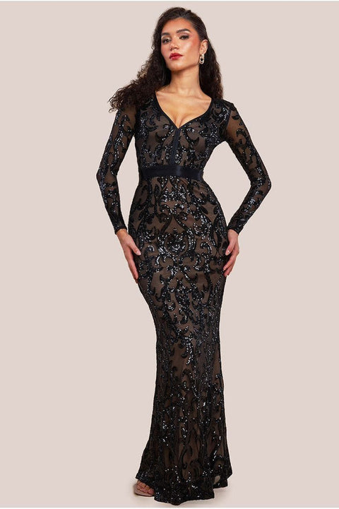 Embroidered Sequin & Mesh Maxi Dress - Black by Goddiva