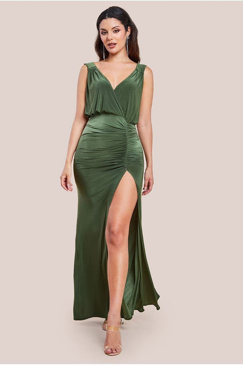 Front Wrap Gathered Maxi Dress - Olive by Goddiva