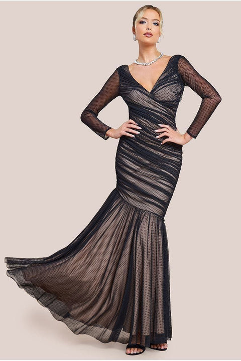 Dobby Mesh Wrap Style Gathered Maxi Dress - Black by Goddiva