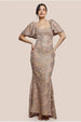 Scalloped Cape Open Back Lace & Sequin Maxi Dress - Champagne by Goddiva