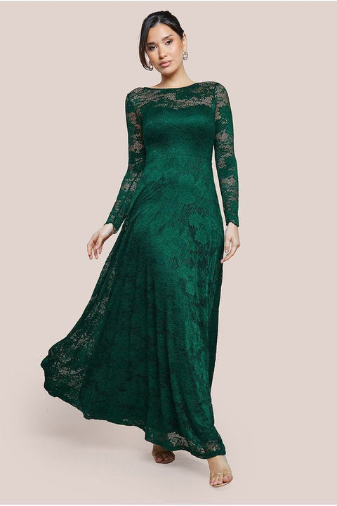 Scalloped Lace A-Line Maxi Dress - Emerald Green by Goddiva