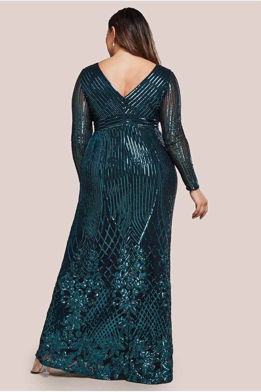 Long Sleeve Sequin V Wrap Maxi Dress - Emerald Green DR3485PLUS