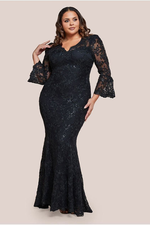 Scalloped Lace Maxi Dress - Black by Goddiva Plus