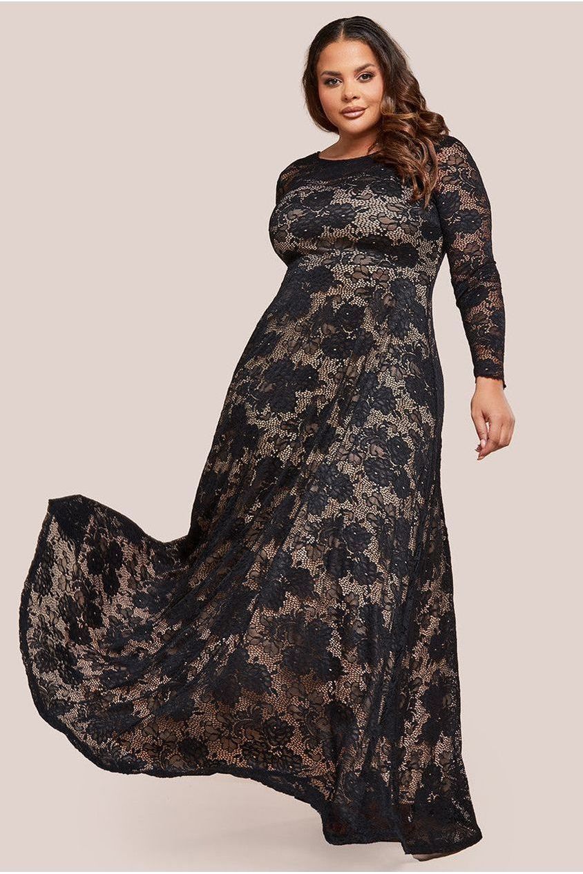 Scalloped Lace A-Line Maxi Dress - Black DR4496PLUS