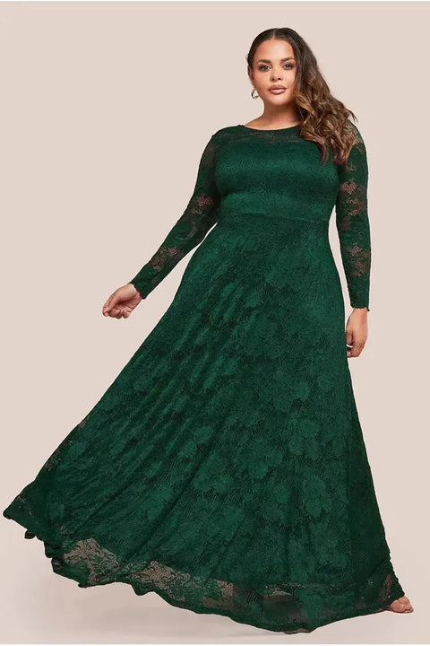 Scalloped Lace A-Line Maxi Dress - Emerald Green by Goddiva Plus