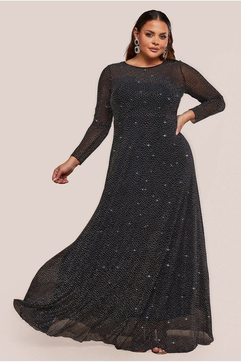 Hotfix Diamante Mesh A-Line Long Sleeve Maxi Dress - Black by Goddiva Plus