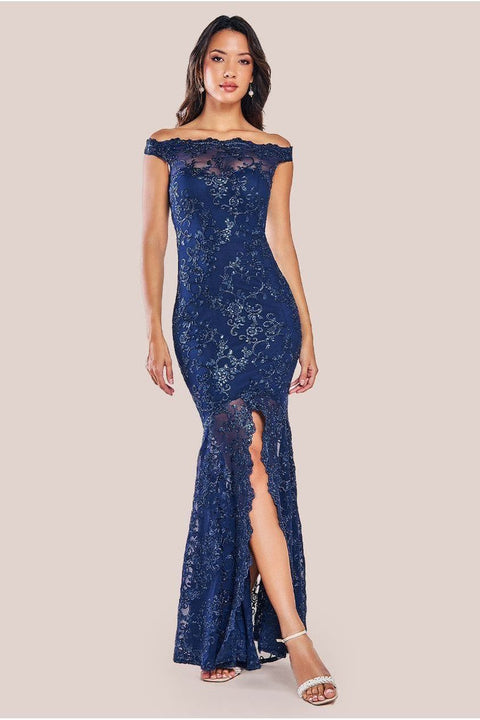 Lace Scallop Edge Mermaid Maxi Dress - Navy by Goddiva