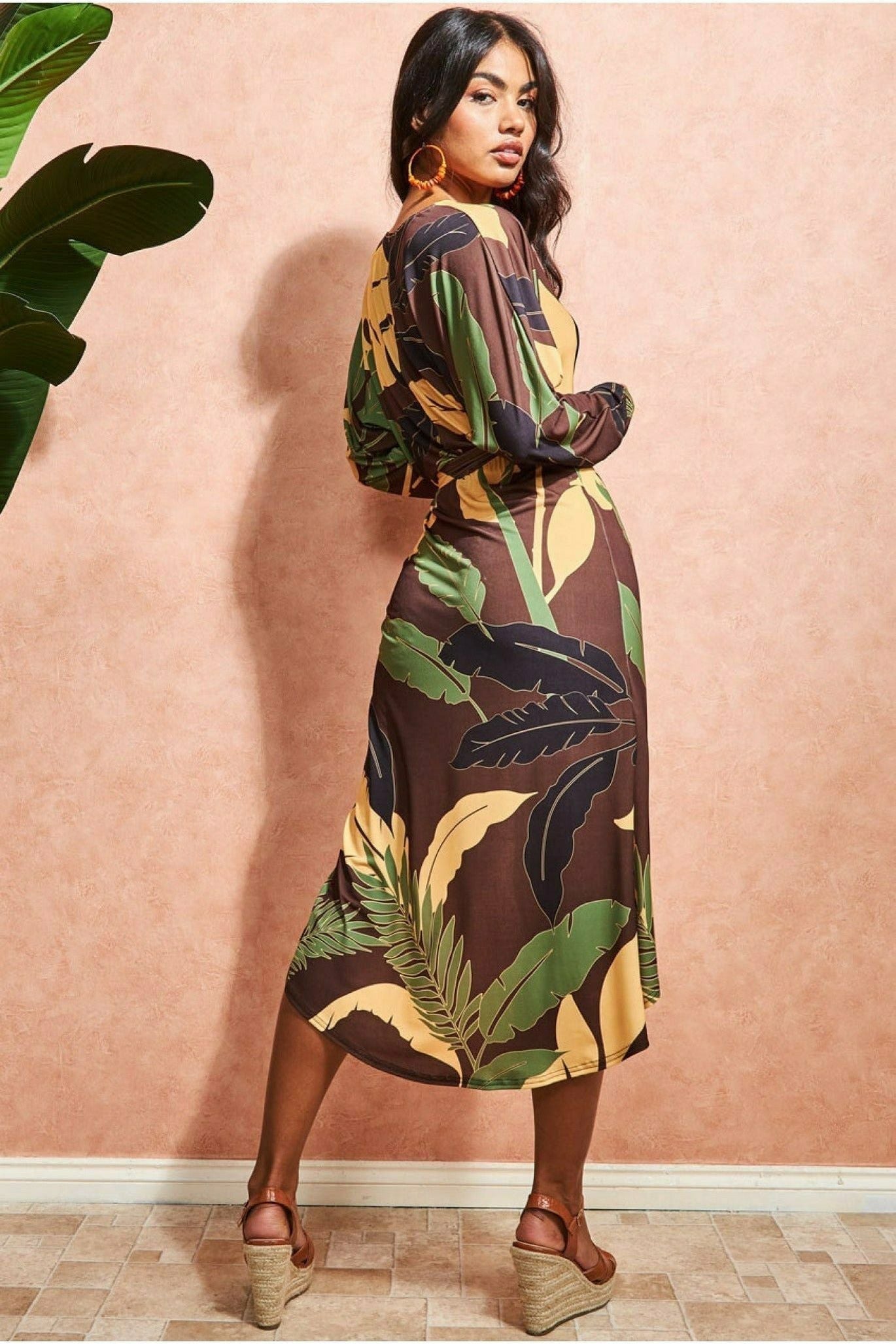 Printed Batwing Wrap Midi Dress - Brown DR3575