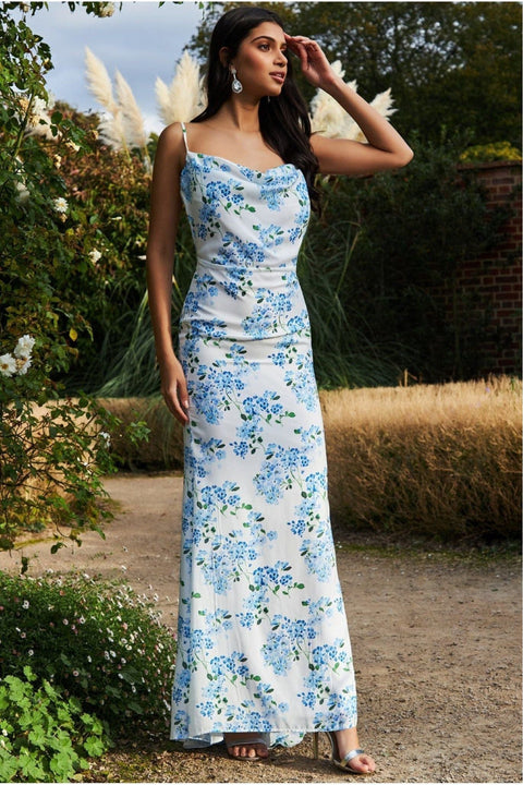 Floral Cowl Neck Maxi Dress - Blue Print by Goddiva