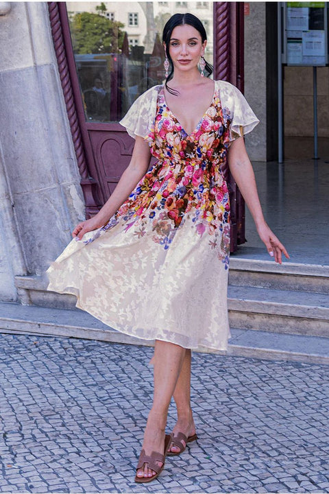 Floral Flutter Sleeve Wrap Midi Dress - Ivory by Goddiva