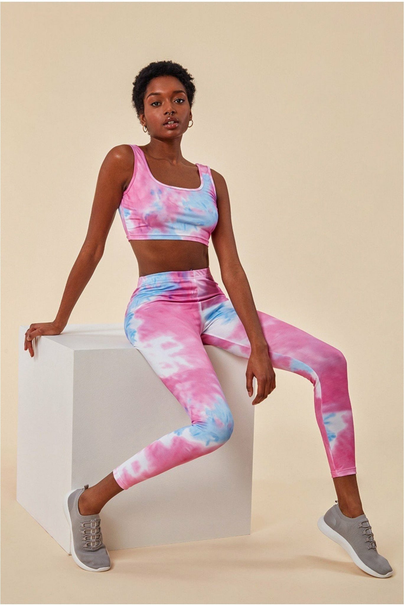 Tie-dye Crop Top With Leggings Set - Pinkblue TS25