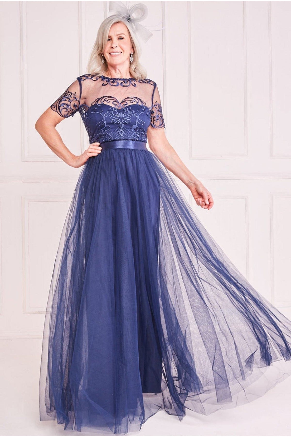 Mesh Embroidered Maxi Dress - Navy DR3584M