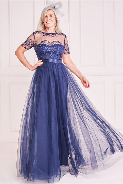 Mesh Embroidered Maxi Dress - Navy by Goddiva