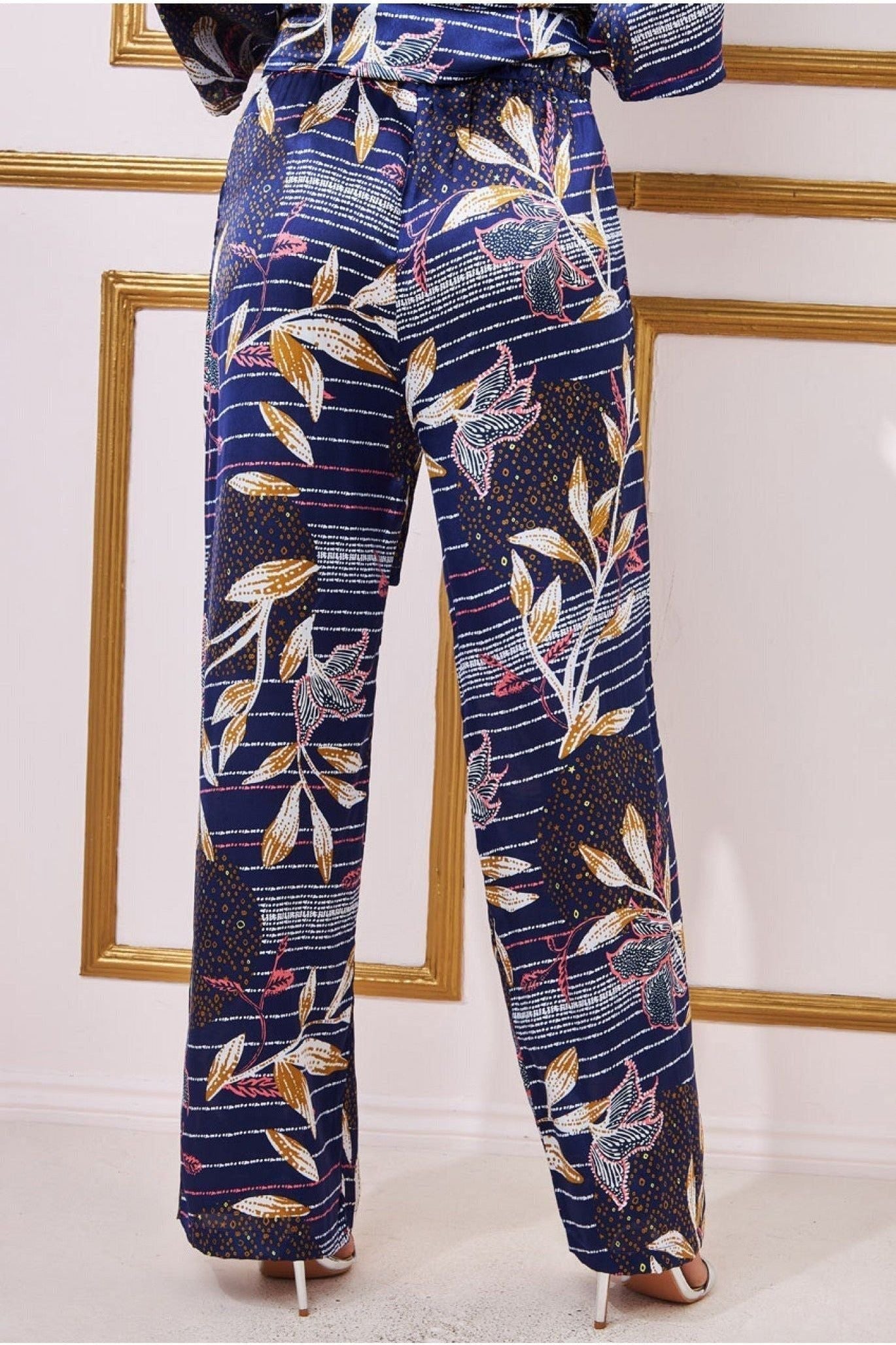 Printed Satin Wide Leg Trouser - Navy TR368