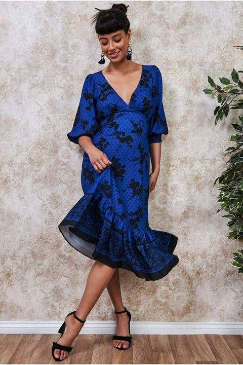 Floral Print Puff Sleeve Midi Dress - Royalblue by Goddiva