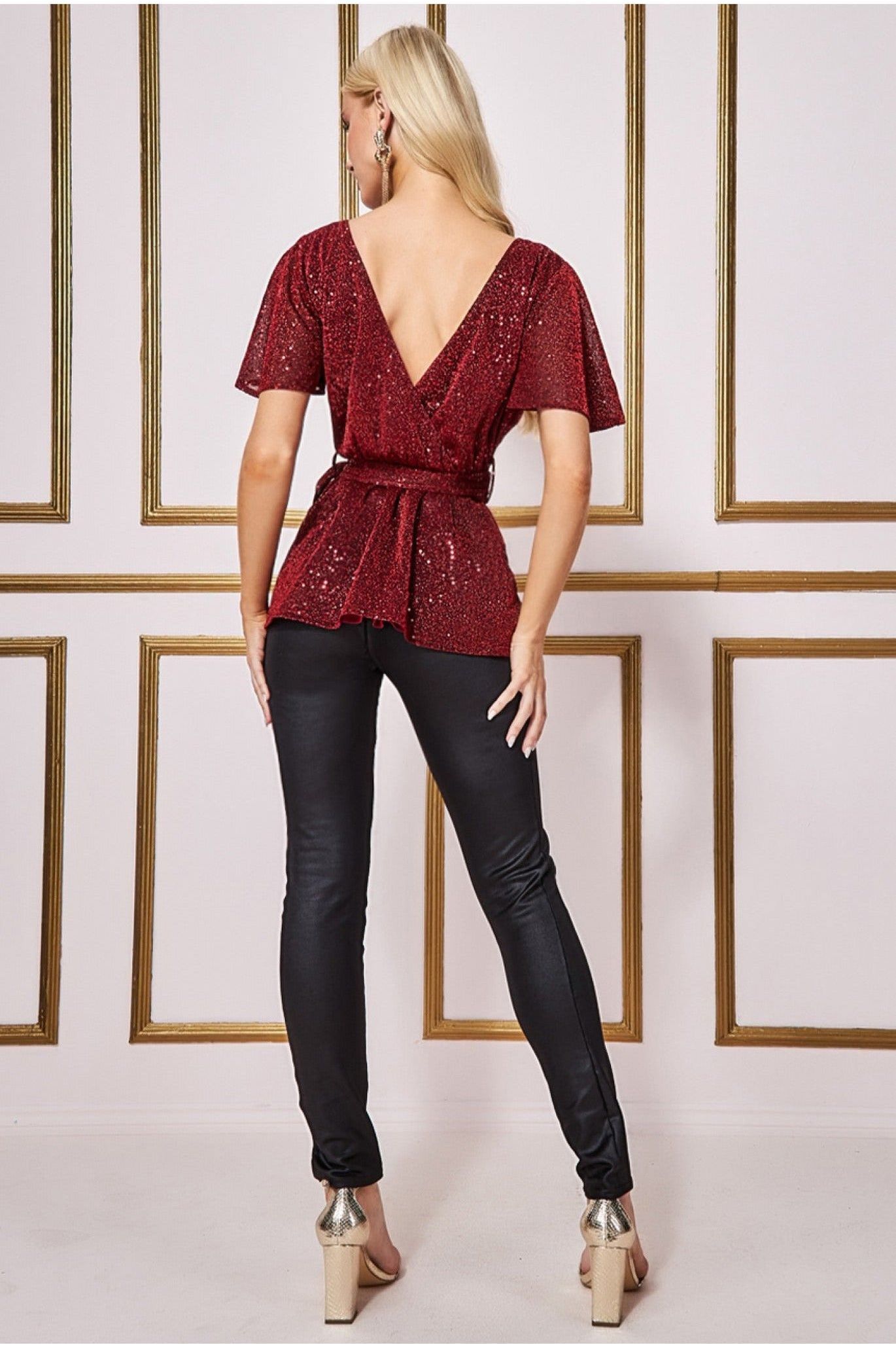 Lurex Flutter Sleeve Wrap Top - Wine T204