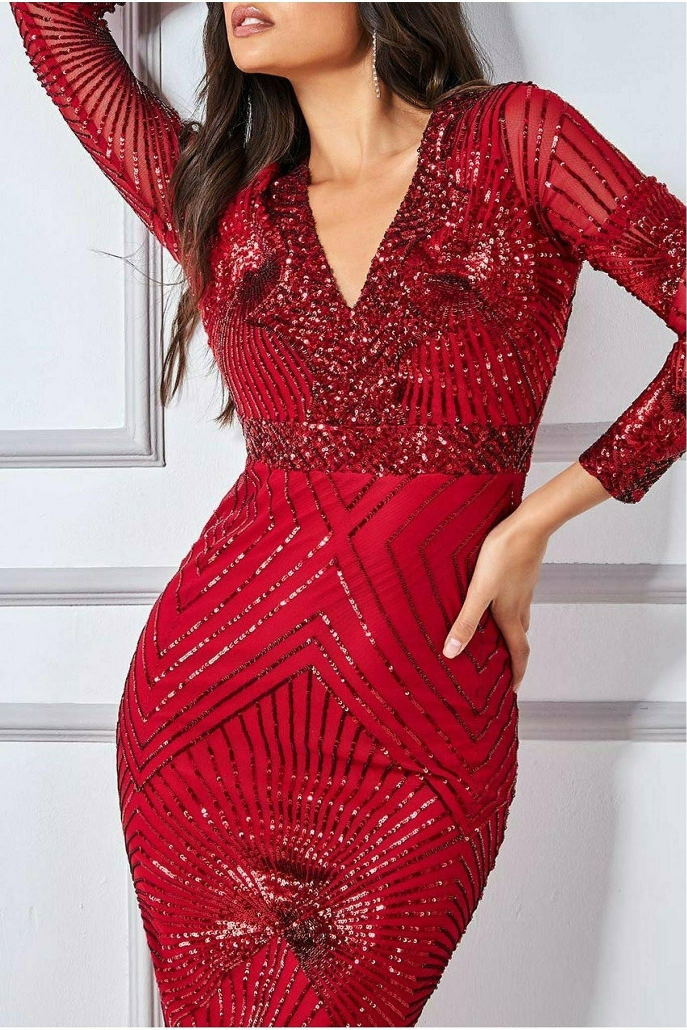 Scalloped Hem Starburst Midi Dress - Red DR2617