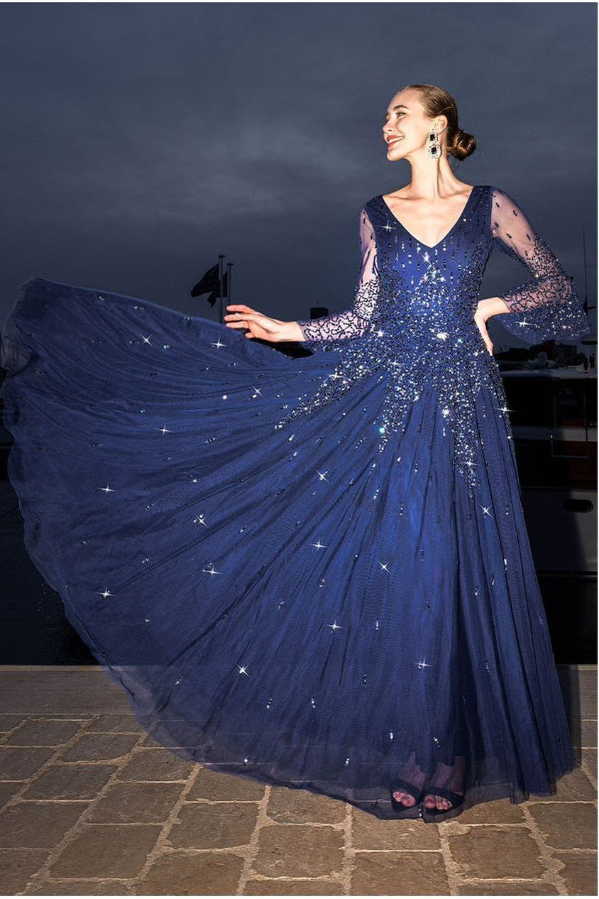 Sunray Hand Embellished Sequin A-Line Bell Sleeve Maxi Dress - Navy Blue DR4654