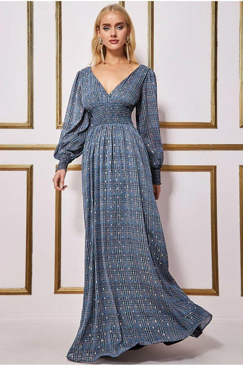 Long Sleeve Maxi Shirred Waistband - Check Print by Goddiva