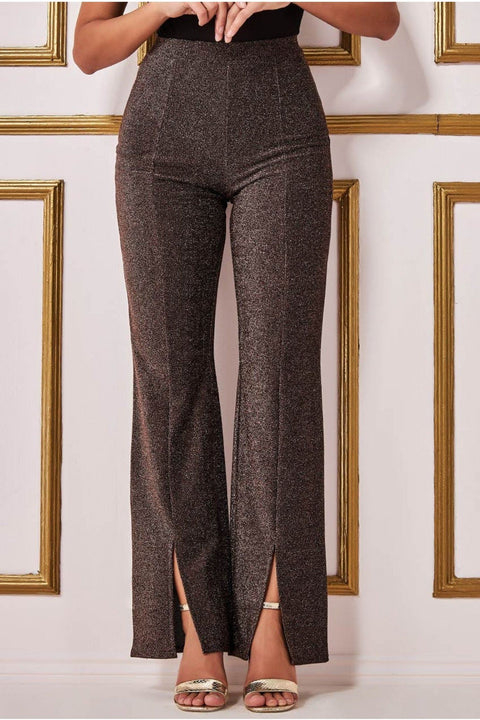 Wide Leg Lurex Trouser - Bronze by Goddiva