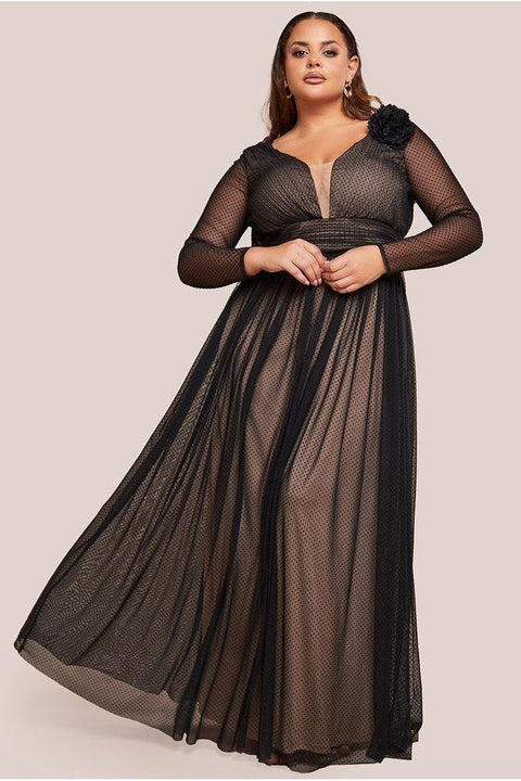 Corsage Dobby Mesh A-Line Maxi Dress - Black by Goddiva Plus