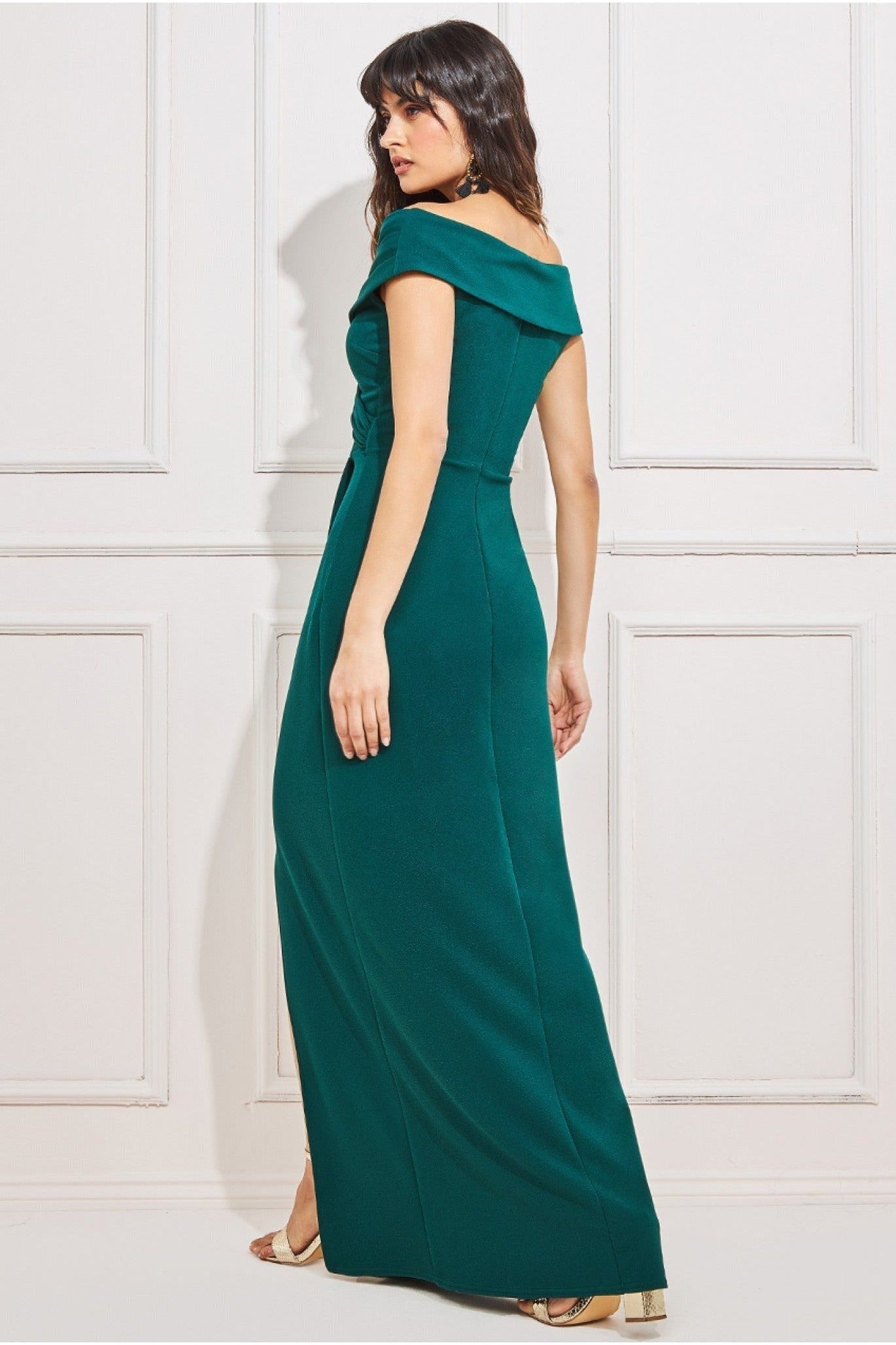 Scuba Bardot Wrap Maxi Dress - Emerald DR3842