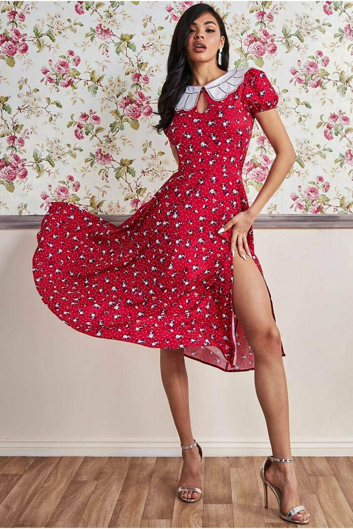 Printed Midi With Front Split - Red DR3356